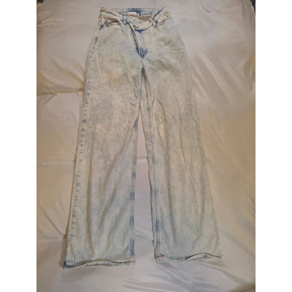 Cross-Front Asymmetric Wide Leg Acid Wash Denim Jeans – Size 1